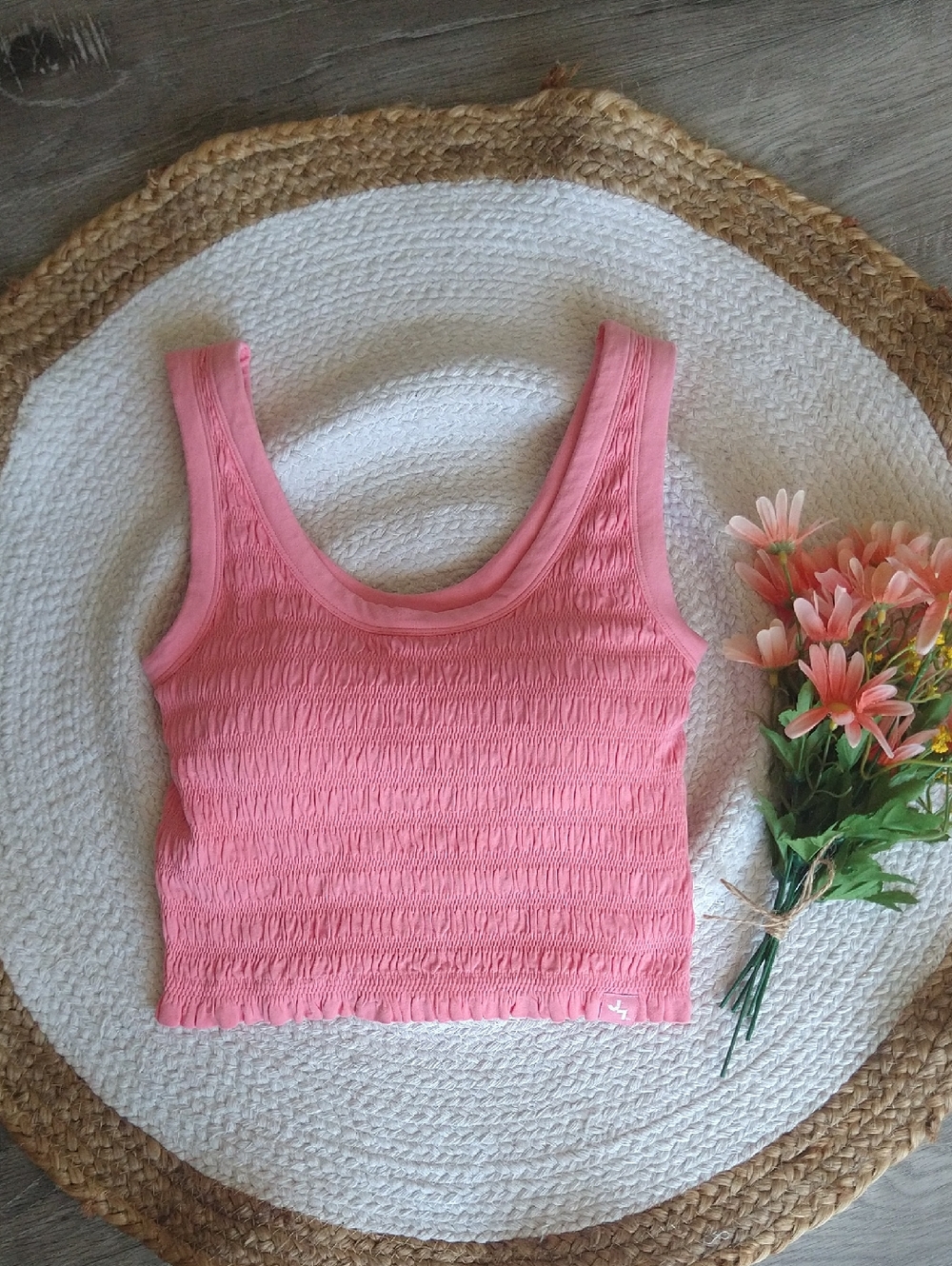 JoyLab Bubblegum Pink Smocked Stretchy Scooped Neck Cropped Tank Bra Top